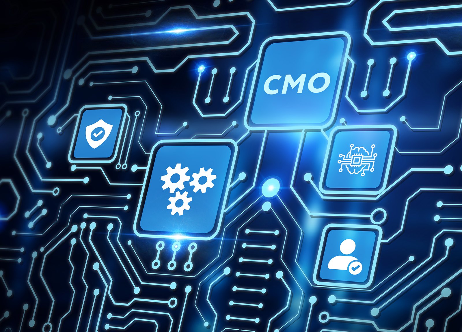 Glowing circuit board with a CMO chip connected to strategy, security, AI and customer icons