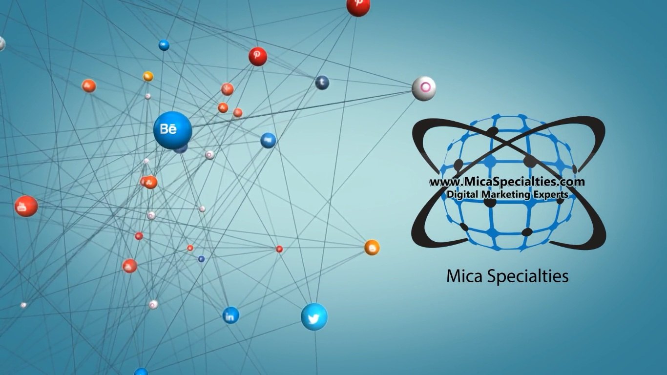 Mica Specialties logo, Digital Marketing Experts, with a connected social network graphic